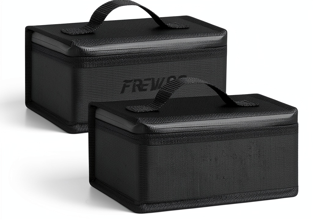 Fireproof Lipo Bag being placed on a wooden workbench with a few 4‑cell LiPo batteries inside