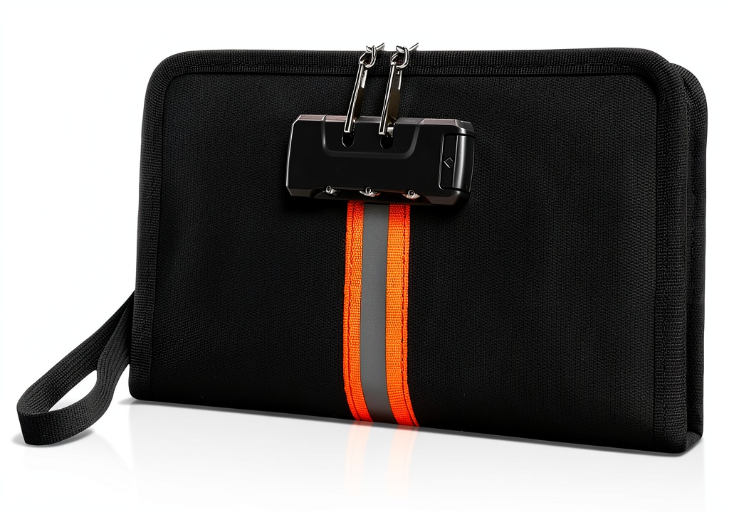 XIAODUN fireproof money bag showing lock and reflective strips