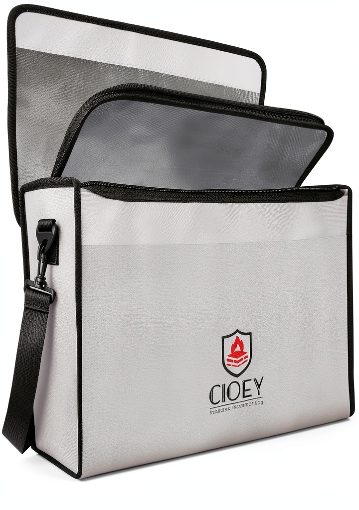 Cioey fireproof document bag showing its silver exterior and wide opening