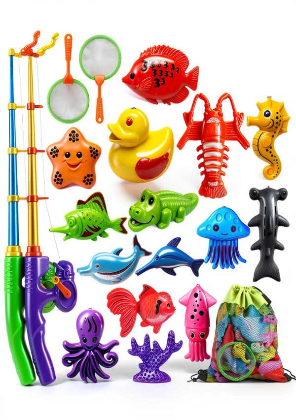 CozyBomB Magnetic Fishing Toy Set 15 Colorful Fish, 2 Rods for Kids-0