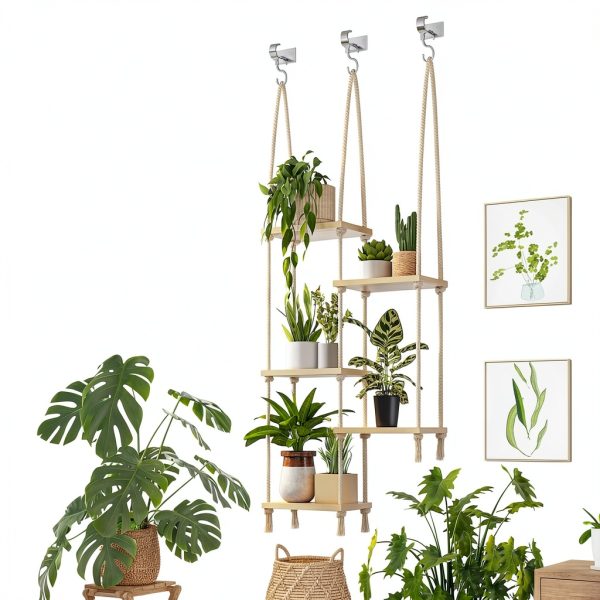 Bamworld Hanging Shelves Plant Hanger 5 Tier Boho Wood Wall Shelf-2