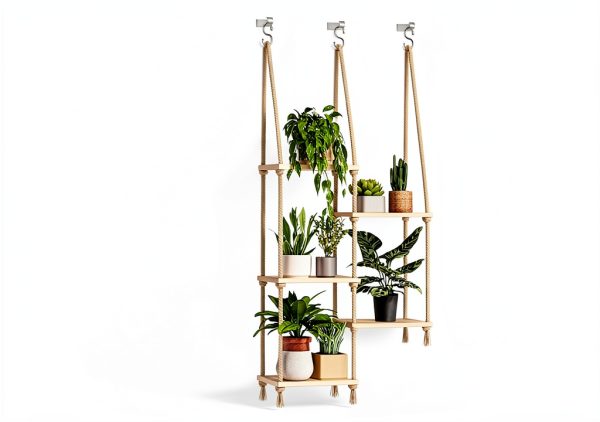 Bamworld Hanging Shelves Plant Hanger 5 Tier Boho Wood Wall Shelf-4