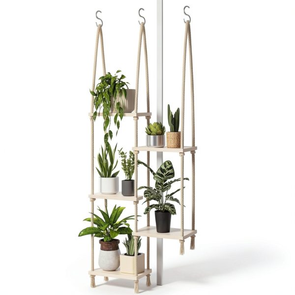 Bamworld Hanging Shelves Plant Hanger 5 Tier Boho Wood Wall Shelf-8