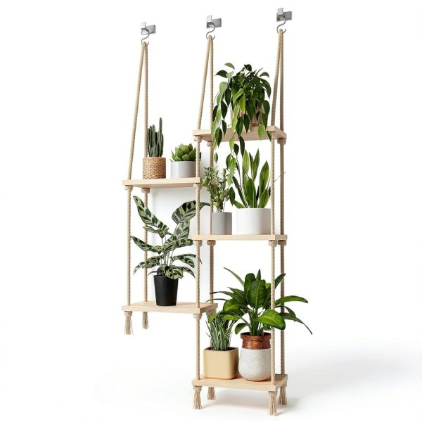 Bamworld Hanging Shelves Plant Hanger 5 Tier Boho Wood Wall Shelf-5