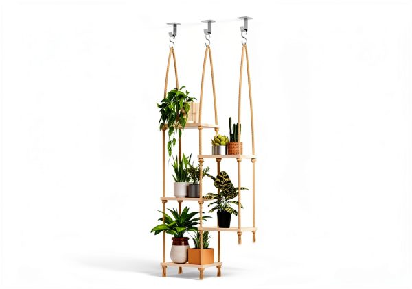 Bamworld Hanging Shelves Plant Hanger 5 Tier Boho Wood Wall Shelf-7
