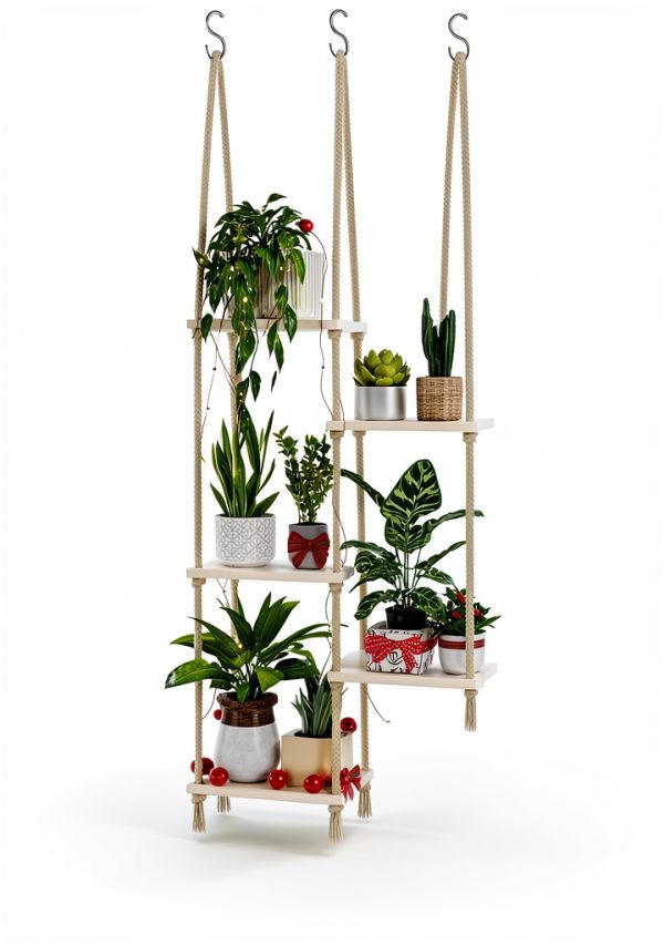 Bamworld Hanging Shelves Plant Hanger 5 Tier Boho Wood Wall Shelf-0
