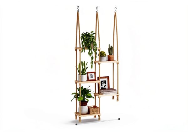 Bamworld Hanging Shelves Plant Hanger 5 Tier Boho Wood Wall Shelf-1