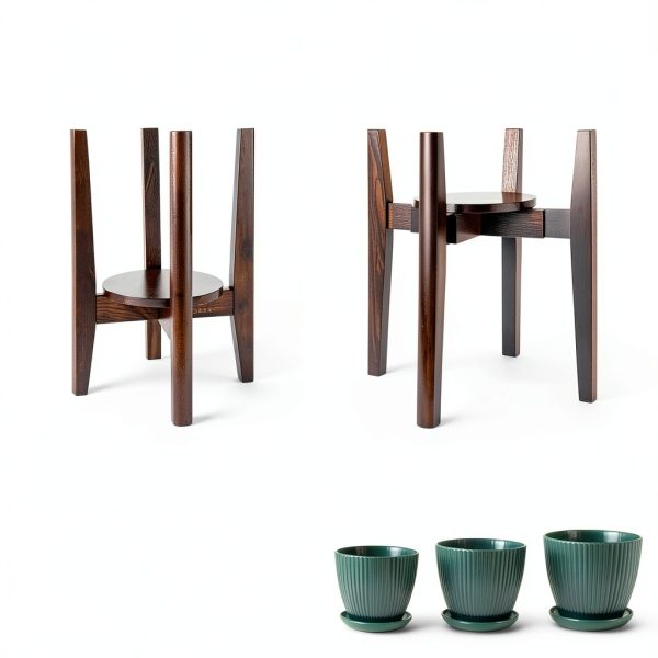 Adjustable Plant Stand Walnut 2-Pack Mid Century Modern Wood Stand-2
